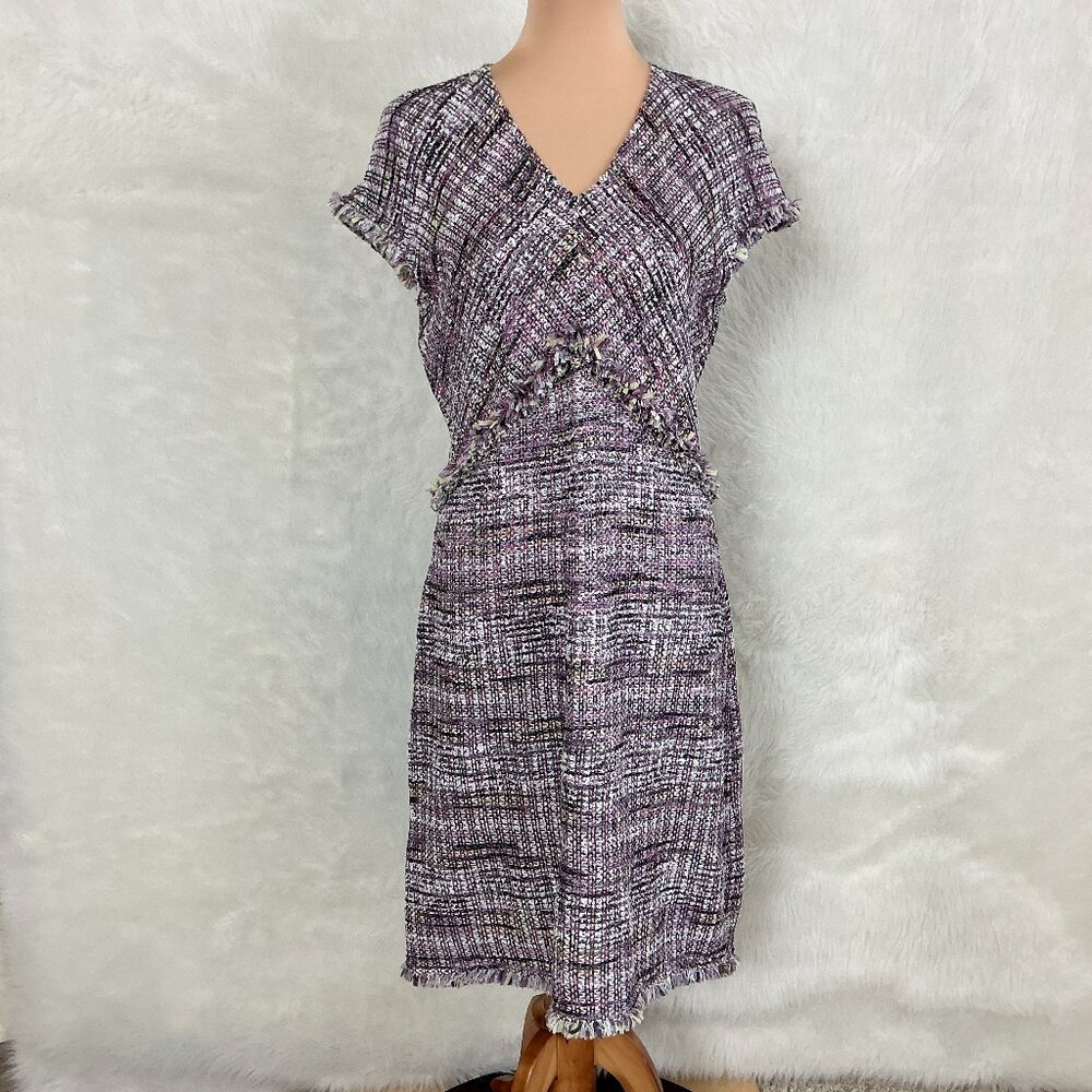 St. John Anna Woven Boucle Knit A-Line Orchid Purple V-Neck Sheath Dress 10